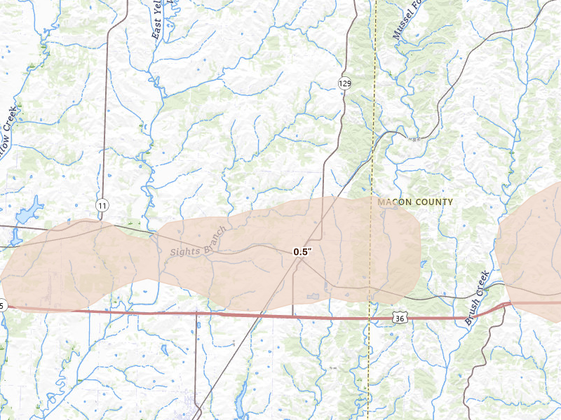 Radar-estimated hail-size map of the storm over Bucklin, MO on Aug 5, 2026
