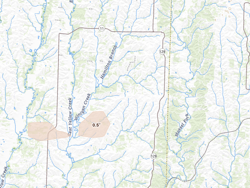 Radar-estimated hail-size map of the storm over Bucklin, MO on Aug 14, 2026