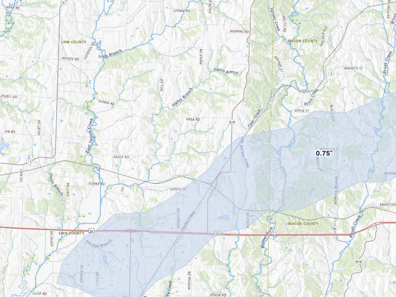 NEXRAD radar-signature map of the hail storm over Bucklin, MO on Aug 14, 2026