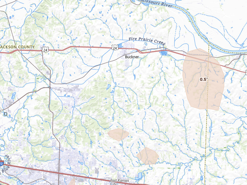 Radar-estimated hail-size map of the storm over Buckner, MO on Apr 17, 2026