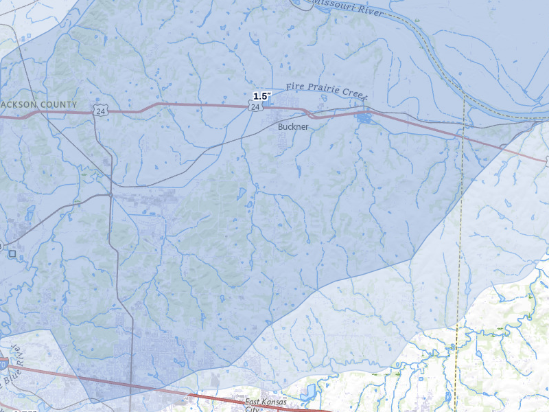 NEXRAD radar-signature map of the hail over Buckner, MO