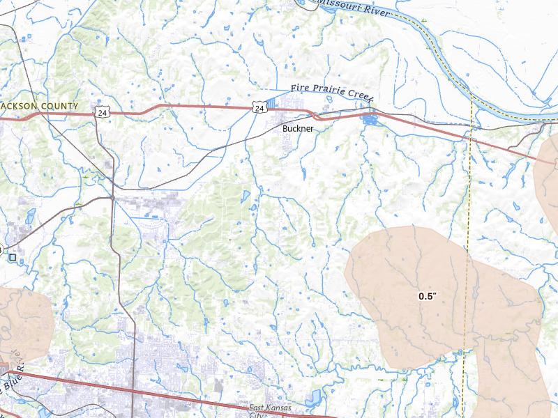 Radar-estimated hail-size map of the storm over Buckner, MO on May 31, 2026