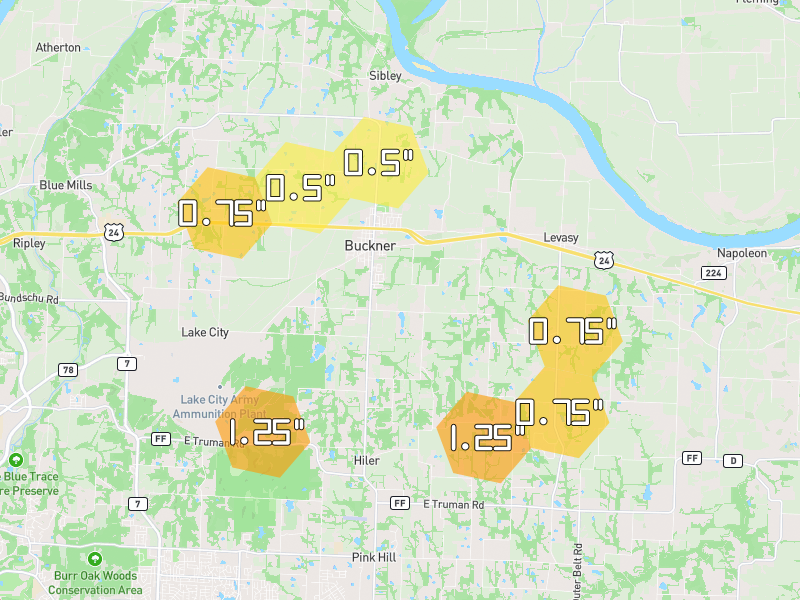 Hail map of Buckner, MO on Jun 1, 2026, hail up to 1.25"