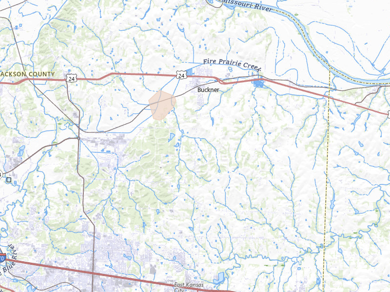 Radar-estimated hail-size map of the storm over Buckner, MO on Aug 5, 2026
