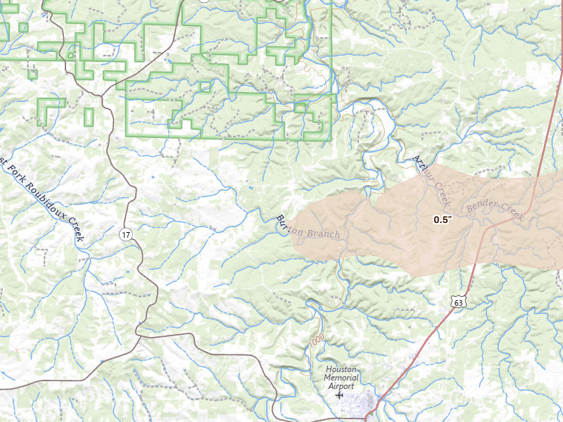 Radar-estimated hail-size map of the storm over Bucyrus, MO on Jul 31, 2026