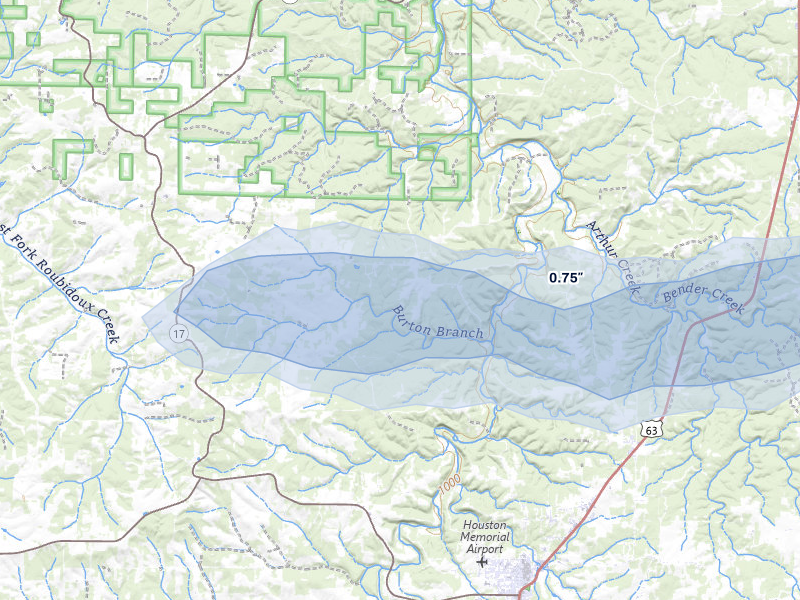 NEXRAD radar-signature map of the hail storm over Bucyrus, MO on Jul 31, 2026