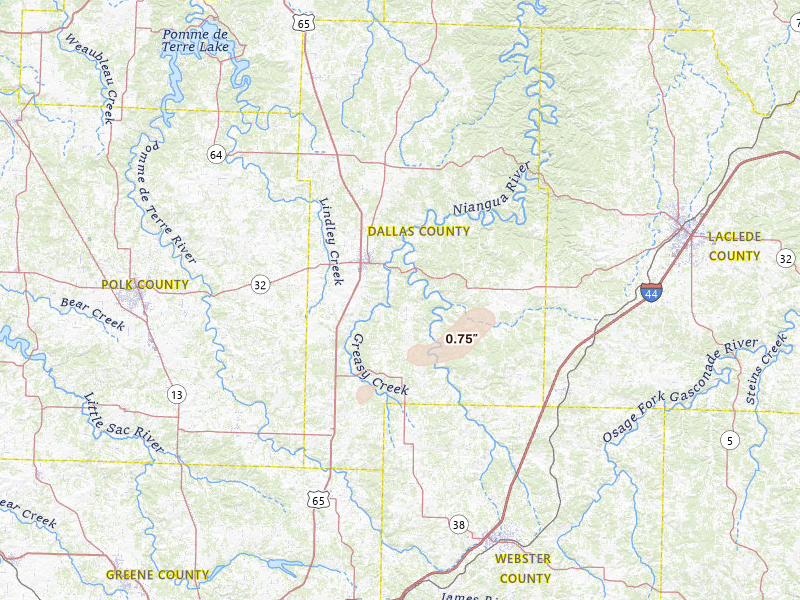 Radar-estimated hail-size map of the storm over Buffalo, MO on Apr 1, 2026