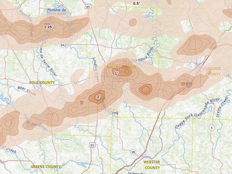 Radar-estimated hail-size map of the storm over Buffalo, MO on Apr 26, 2026