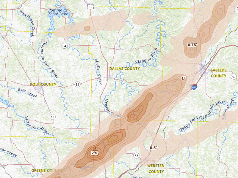 Radar-estimated hail-size map of the storm over Buffalo, MO on Apr 28, 2026