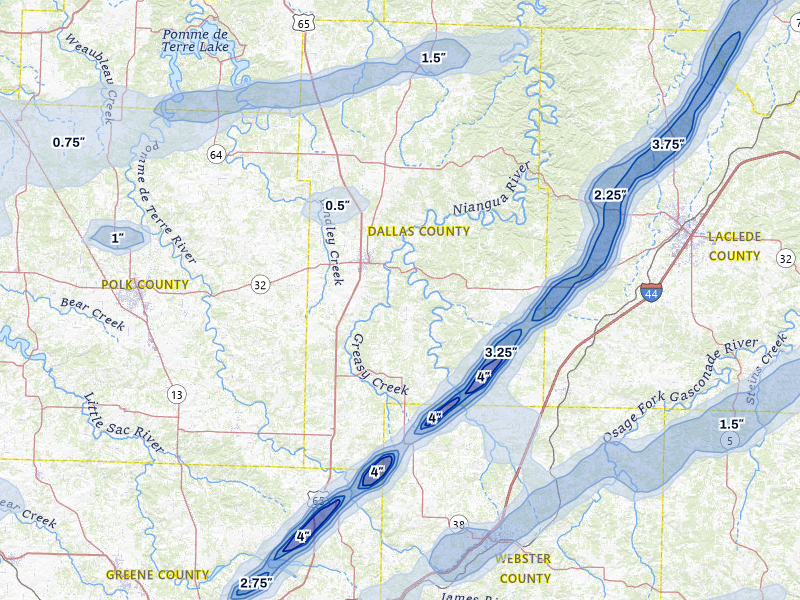 NEXRAD radar-signature map of the hail storm over Buffalo, MO on Apr 28, 2026