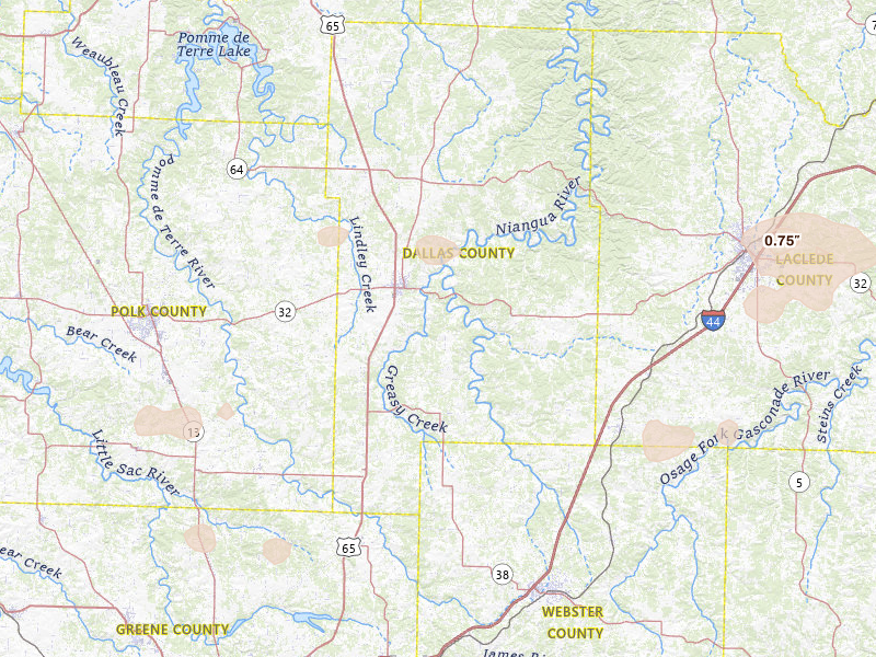 Radar-estimated hail-size map of the storm over Buffalo, MO on Jul 10, 2026
