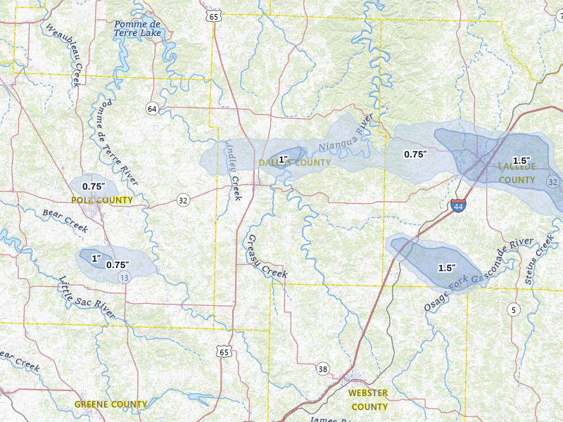 NEXRAD radar-signature map of the hail storm over Buffalo, MO on Jul 10, 2026