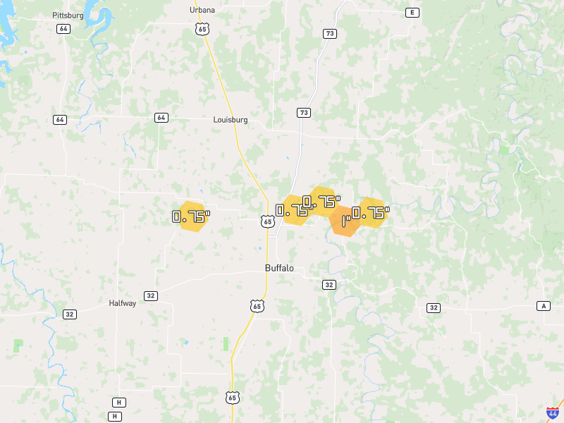 Hail map of Buffalo, MO on Jul 11, 2026, hail up to 1"