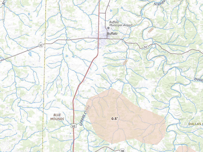 Radar-estimated hail-size map of the storm over Buffalo, MO on Aug 6, 2026