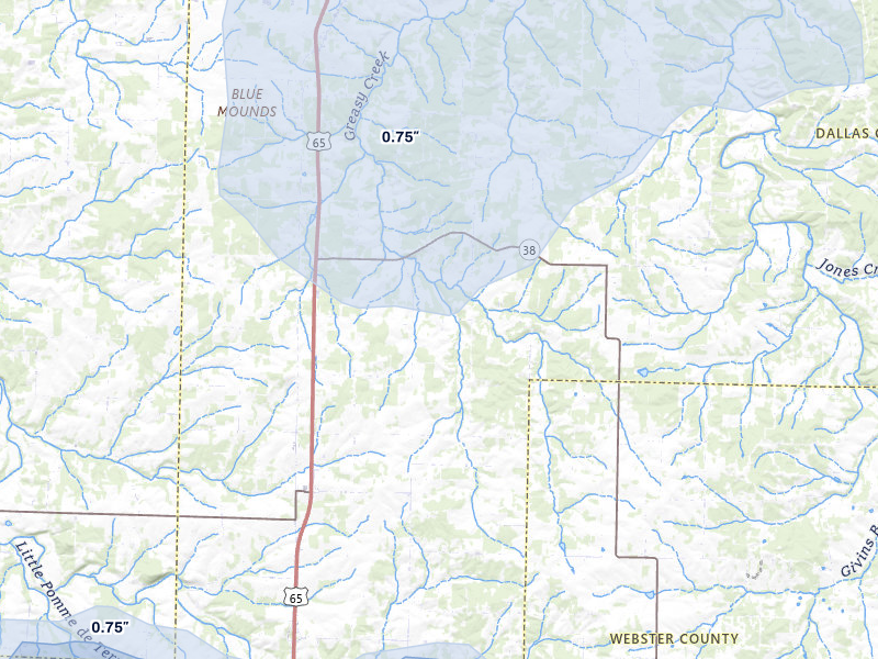 NEXRAD radar-signature map of the hail storm over Buffalo, MO on Aug 6, 2026