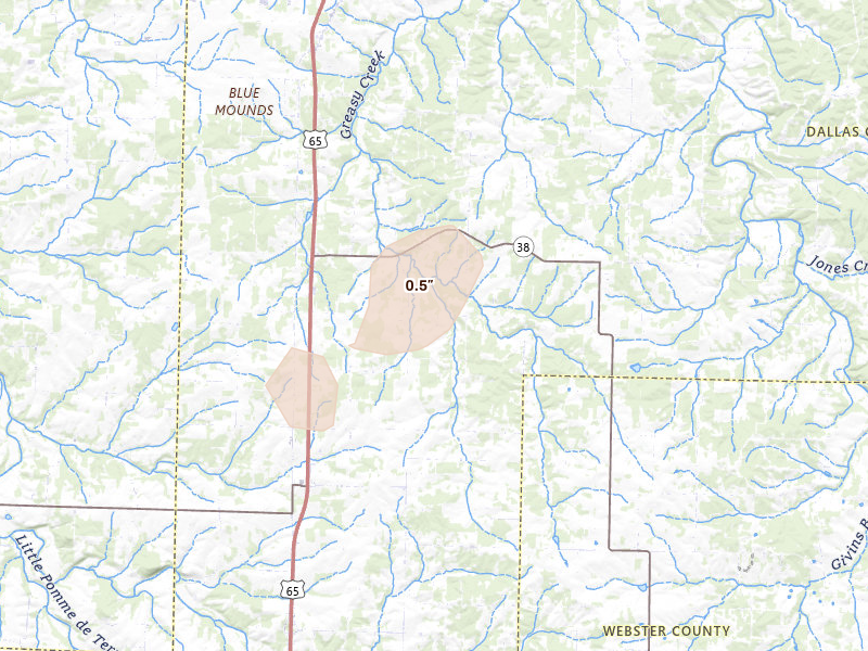 Radar-estimated hail-size map of the storm over Buffalo, MO on Aug 12, 2026