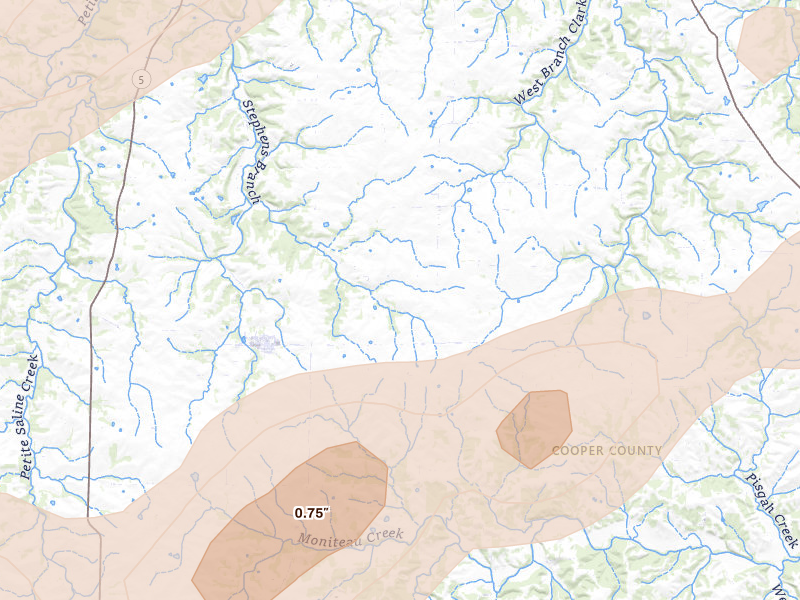 Radar-estimated hail-size map of the storm over Bunceton, MO on Apr 27, 2026