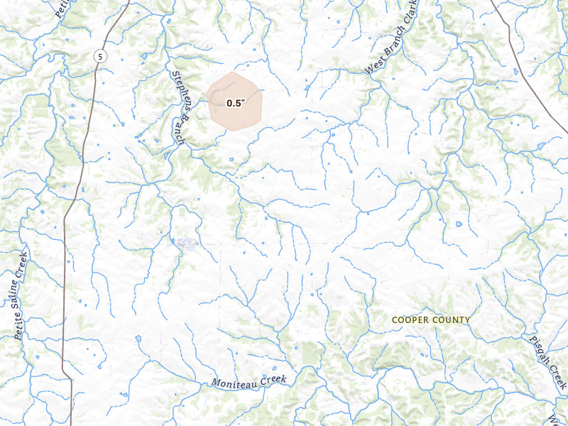 Radar-estimated hail-size map of the storm over Bunceton, MO on Jun 25, 2026
