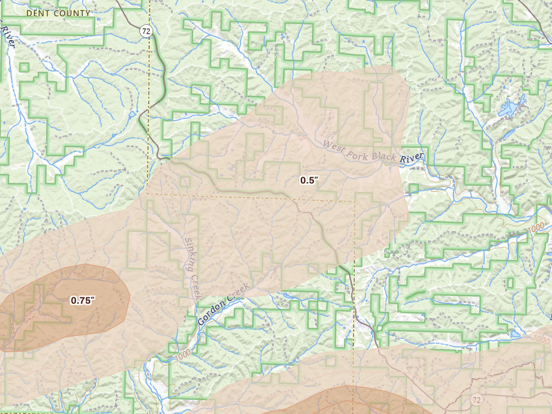 Radar-estimated hail-size map of the storm over Bunker, MO