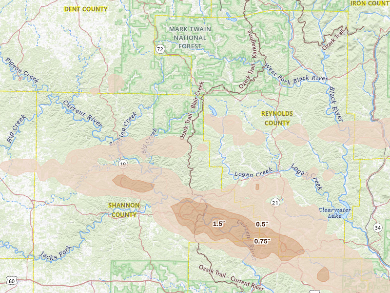 Radar-estimated hail-size map of the storm over Bunker, MO on Aug 19, 2026