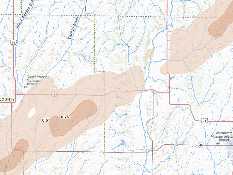 Radar-estimated hail-size map of the storm over Burlington Junction, MO on Apr 3, 2026