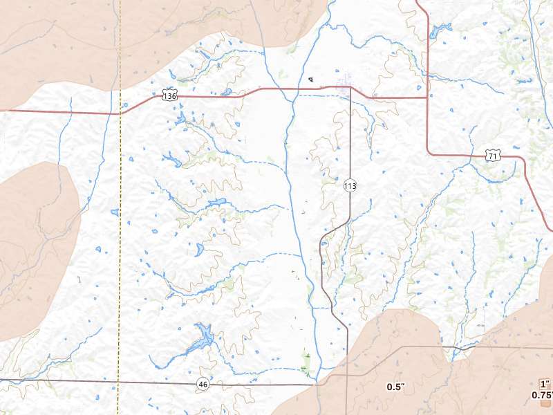 Radar-estimated hail-size map of the storm over Burlington Junction, MO on May 16, 2026