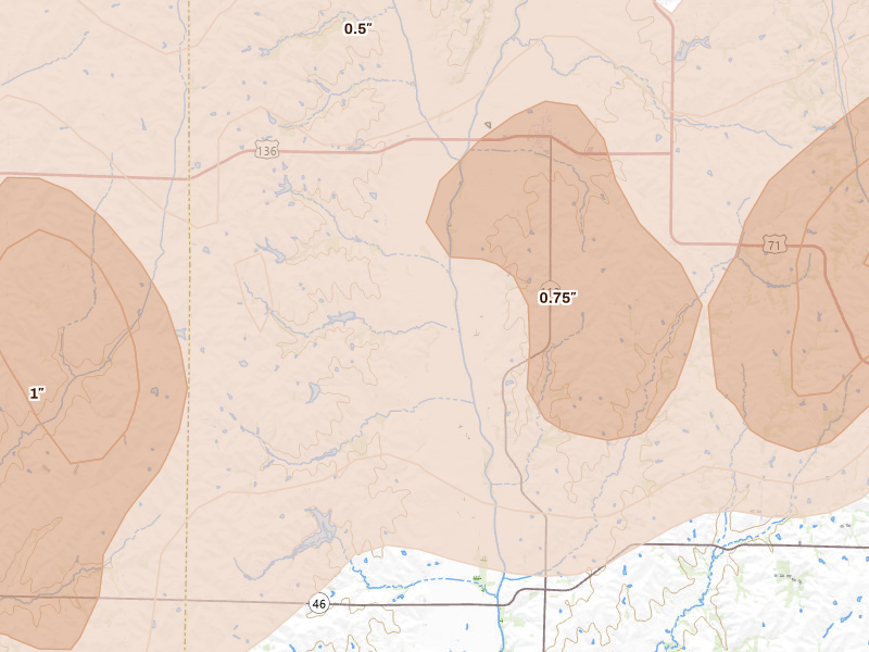 Radar-estimated hail-size map of the storm over Burlington Junction, MO on May 18, 2026