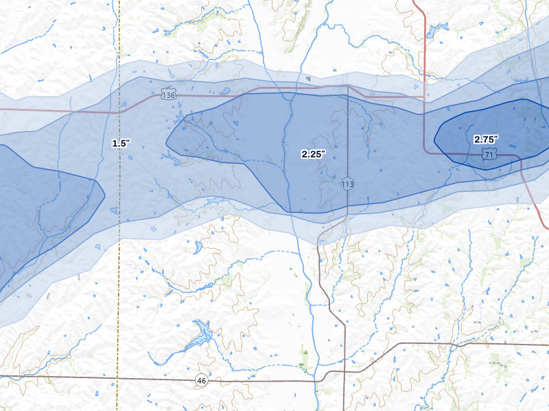 NEXRAD radar-signature map of the hail storm over Burlington Junction, MO on May 18, 2026