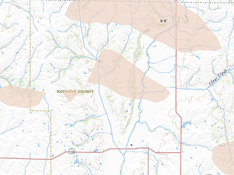 Radar-estimated hail-size map of the storm over Burlington Junction, MO on Aug 9, 2026