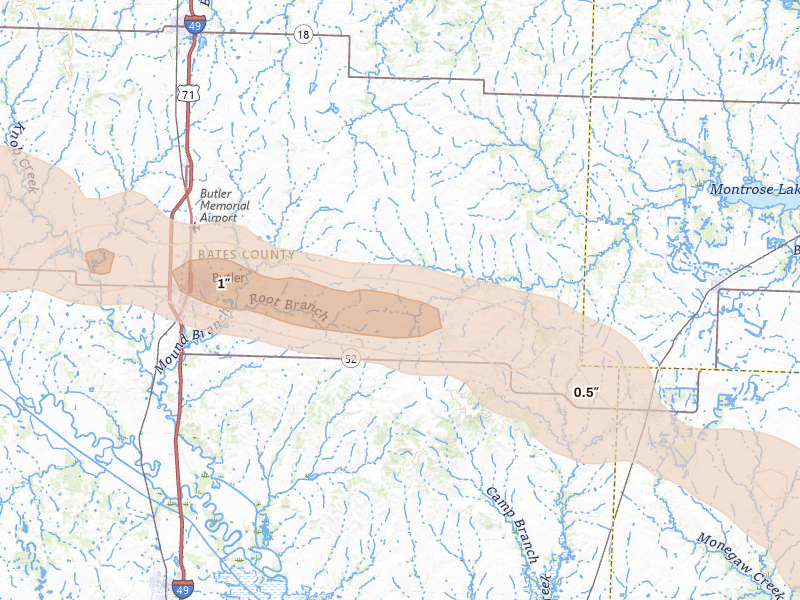 Radar-estimated hail-size map of the storm over Butler, MO on May 8, 2026