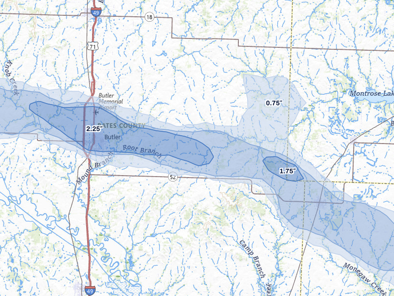 NEXRAD radar-signature map of the hail storm over Butler, MO on May 8, 2026
