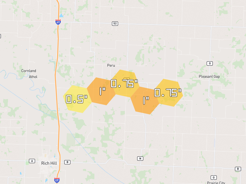 Hail map of Butler, MO on Jun 1, 2026, hail up to 1"