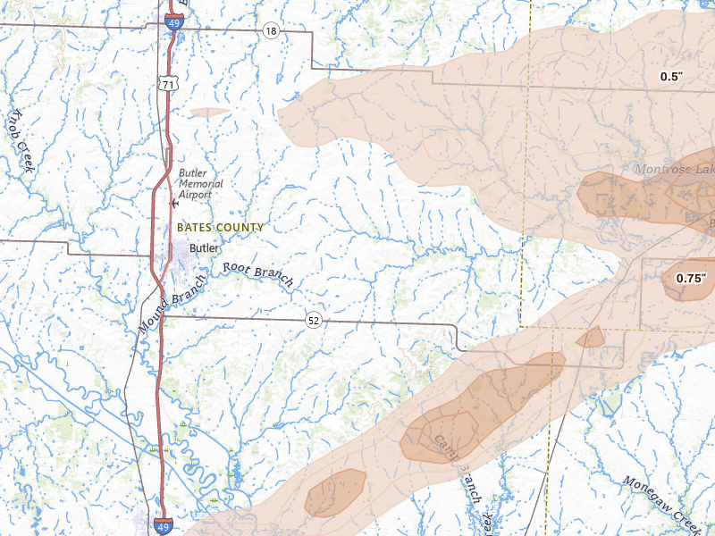 Radar-estimated hail-size map of the storm over Butler, MO on Jun 11, 2026