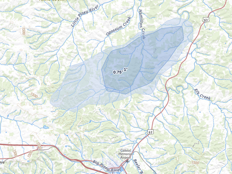 NEXRAD radar-signature map of the hail storm over Cabool, MO on Mar 4, 2026