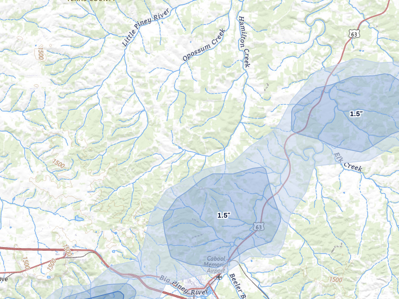 NEXRAD radar-signature map of the hail storm over Cabool, MO on Mar 15, 2026