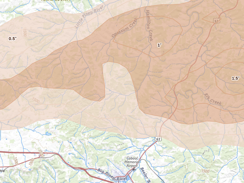 Radar-estimated hail-size map of the storm over Cabool, MO on Apr 27, 2026