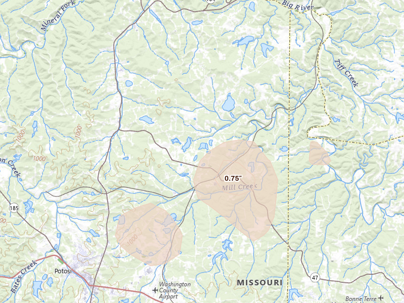 Radar-estimated hail-size map of the storm over Cadet, MO on Mar 4, 2026