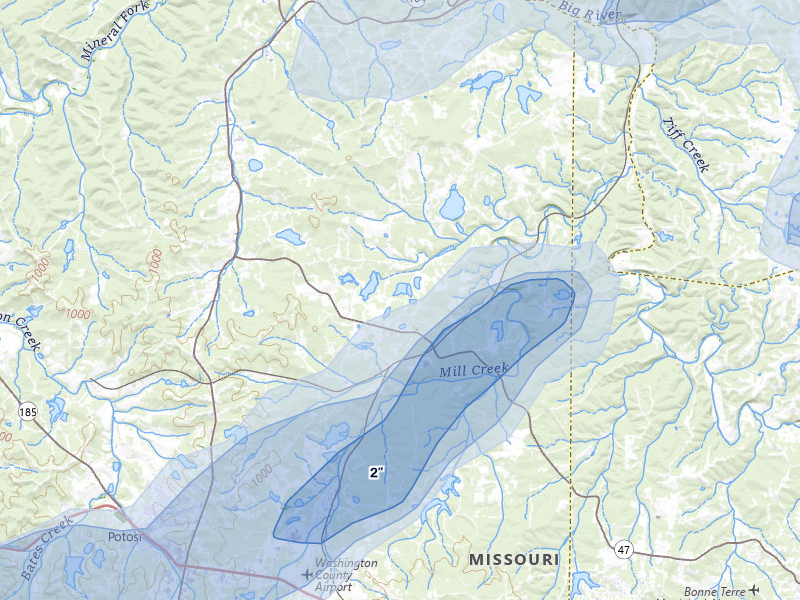 NEXRAD radar-signature map of the hail storm over Cadet, MO on Mar 4, 2026