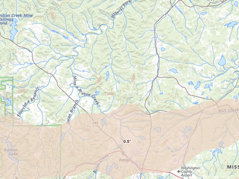 Radar-estimated hail-size map of the storm over Cadet, MO on Apr 26, 2026