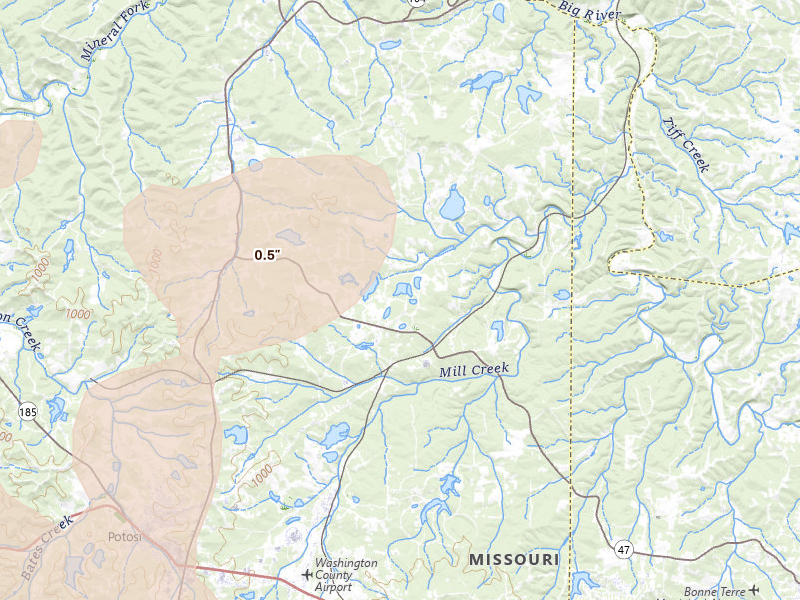 Radar-estimated hail-size map of the storm over Cadet, MO on May 31, 2026