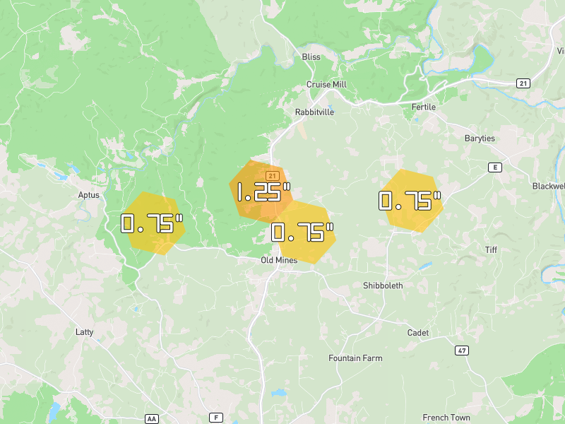 Hail map of Cadet, MO on Jun 1, 2026, hail up to 1.25"