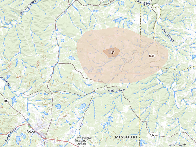 Radar-estimated hail-size map of the storm over Cadet, MO on Jul 9, 2026