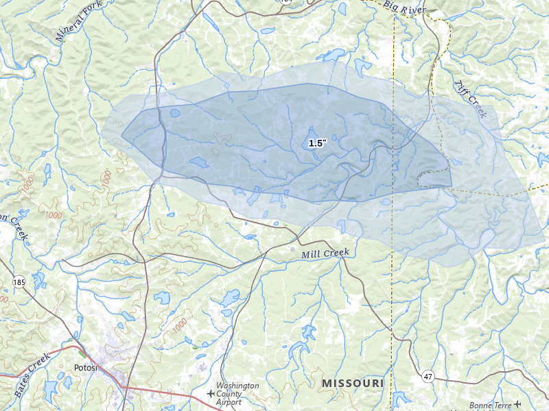 NEXRAD radar-signature map of the hail storm over Cadet, MO on Jul 9, 2026