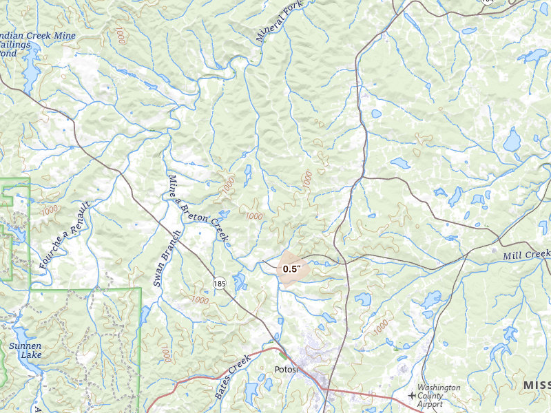 Radar-estimated hail-size map of the storm over Cadet, MO on Aug 12, 2026