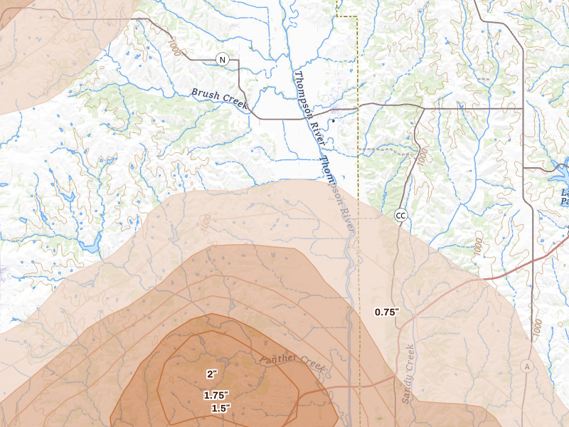 Radar-estimated hail-size map of the storm over Cainsville, MO on May 16, 2026