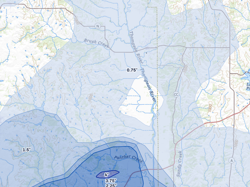 NEXRAD radar-signature map of the hail over Cainsville, MO