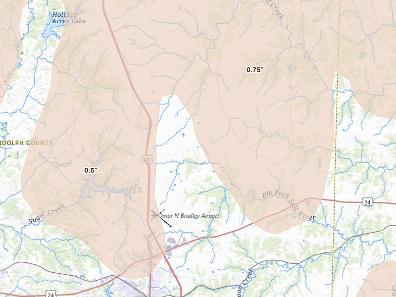Radar-estimated hail-size map of the storm over Cairo, MO on Apr 27, 2026