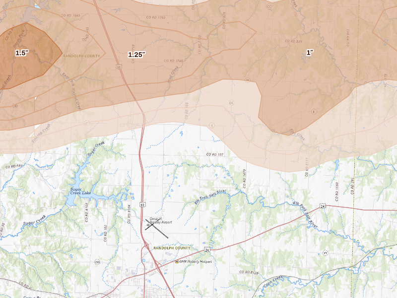 Radar-estimated hail-size map of the storm over Cairo, MO