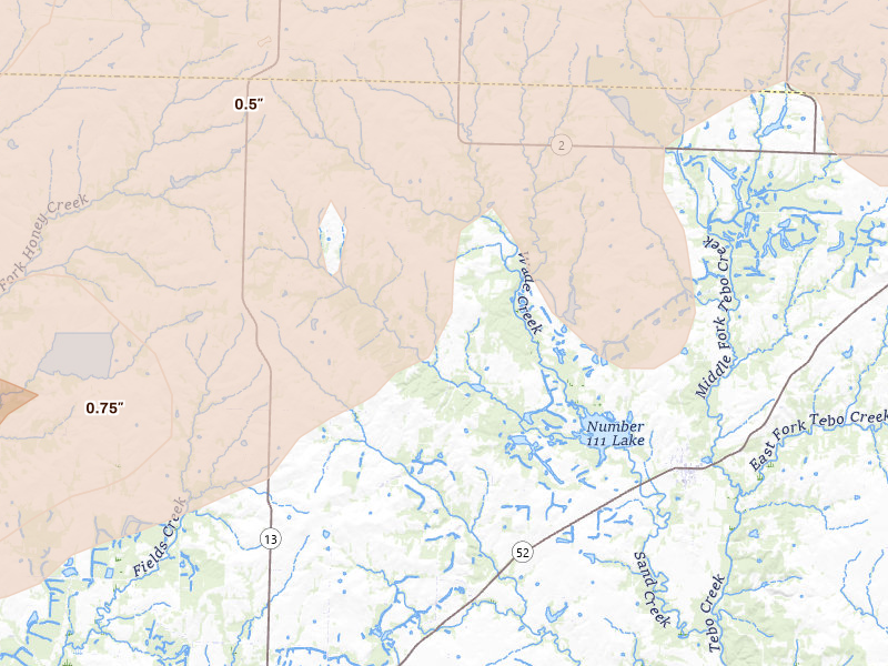Radar-estimated hail-size map of the storm over Calhoun, MO on Apr 27, 2026