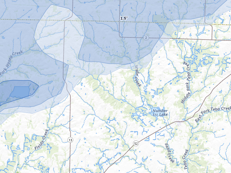 NEXRAD radar-signature map of the hail storm over Calhoun, MO on Apr 27, 2026